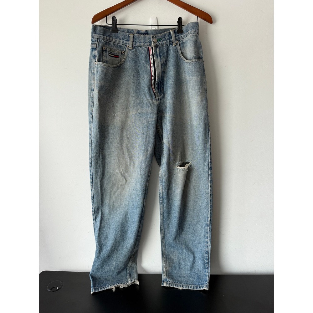 Vintage 90s Tommy Hilfiger Jeans 33x32 Baggy Spellout Flag Distressed Grunge